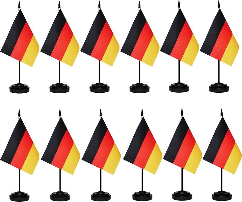 tibijoy Germany Flag German Small Mini Desk Flags Set With 13" Black Pole, Black Base and Spear Top, Miniature Deluxe Desktop Flag for Home, Office Decoration, Festival Celebrations (12 Pack) - Image 1